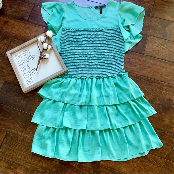 {BCBG} Larra Aqua Smocked Vintage Mini Dress Fit‎ Flare Ruffle Skirt Size Medium - Picture 2 of 7